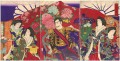 Inspection impériale de la fleur l’empereur impératrice et les dames de Cour regardent les arrangements floraux Toyohara Chikanobu